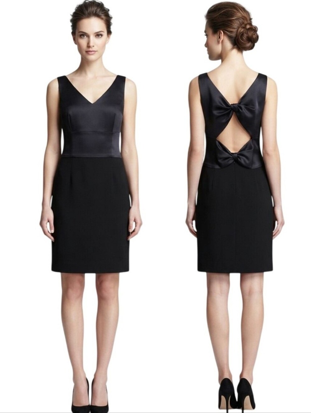 By Shani Black Satin Detail Bow Back Black Sheath Cocktail Dress Size 8